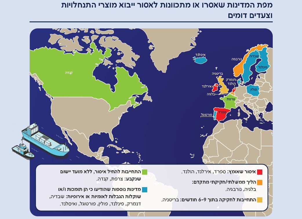 מפת המדינות שאסרו או מתכוונות לאסור ייבוא מוצרי התנחלויות וצעדים דומים